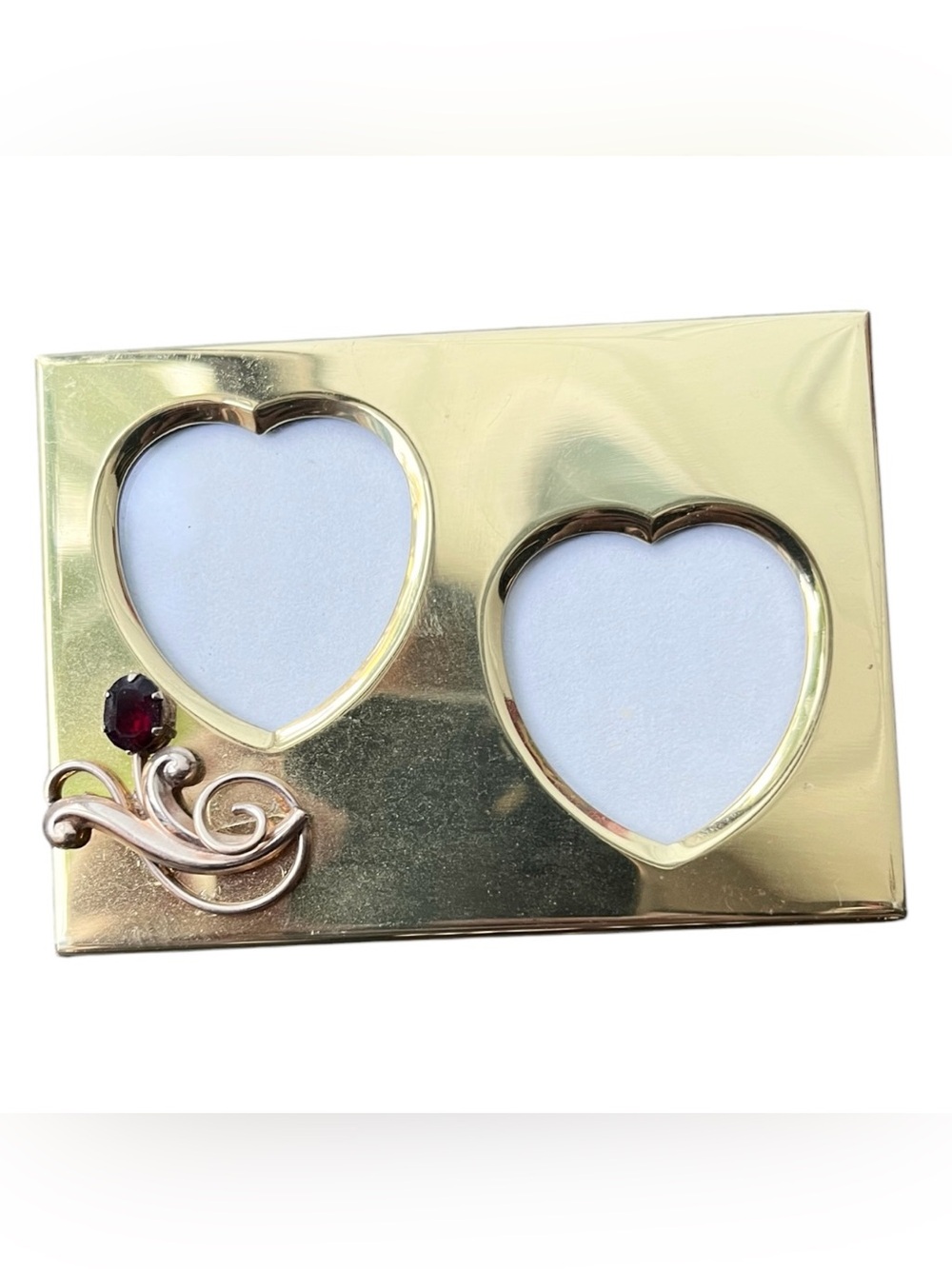 Hallmark VTG Solid Brass Double Heart Red Stone Mini Photo Frame Easel Back